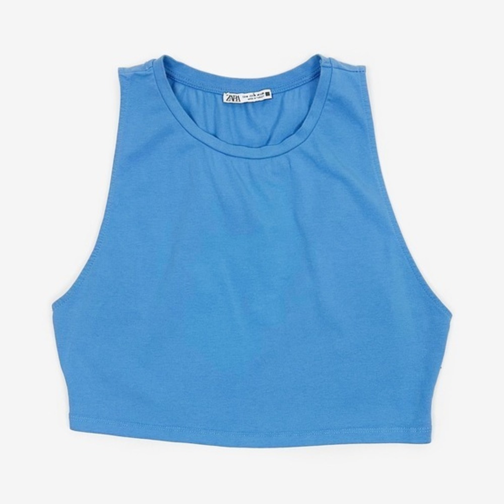 Zara Cropped Tank Top Size M‎ Blue Cotton Blend Stretchy Slim Fit Summer